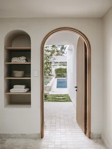A minimalist residential exterior with an indoor-outdoor entrance featuring a wooden door.