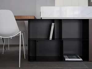 A modern, industrial-style metal bookshelf with minimalist design.