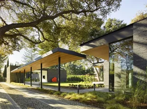 Modern house exterior with concrete, wood, and glass materials