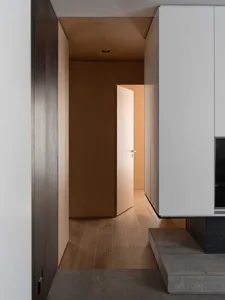Modern minimalist living room with wooden flooring and white walls