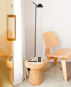 A minimalist living room with a wooden side table, books, and a floor lamp.