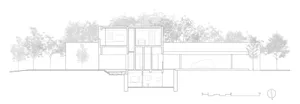 Floor plan of a modern residential building with mixed materials and functional zones.