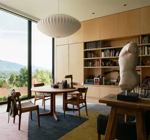 Modern dining room with wooden table, chairs, and bookshelf.