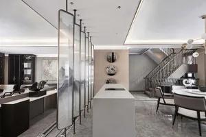 Modern kitchen interior with glass bar counter, contemporary design elements, and minimalist aesthetic.