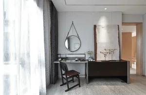 A modern industrial office space with metal accents and minimalist design.