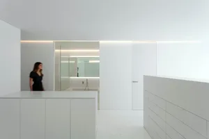 A modern minimalist kitchen with white walls and a glass divider, featuring artisan white lighting.