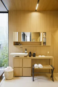 A minimalist bathroom with a wood finish and white sink.