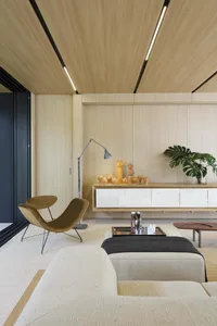 Modern living room featuring wooden surfaces, a fabric sofa, and metal accents.