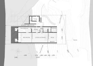 Floor plan of a modern residential house with living and dining areas.