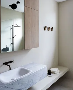 Minimalist bathroom with marble countertop and white sink, featuring a shower head and a mirror above the sink.