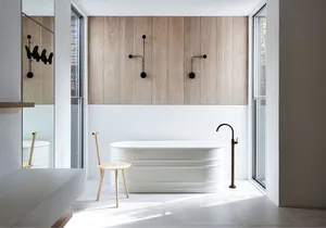 Contemporary bathroom featuring minimalist design with wood walls and porcelain fixtures.