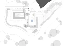 A modern house plan layout with various rooms and outdoor spaces.