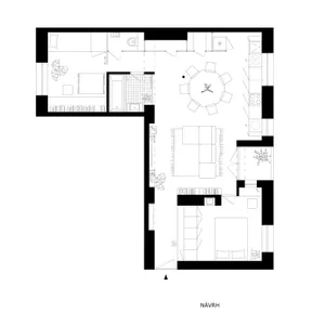 Floor plan of a modern residential apartment with living, dining, kitchen, and bedroom areas.