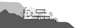 A modern residential architecture with flat roof and sea view.