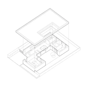 Isometric view of a minimalist residential interior design.