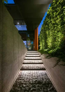 A modern concrete staircase with stone treads and greenery on both sides.
