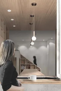 A modern interior design featuring wooden and glass elements.