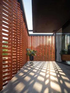 Modern interior design featuring wooden trusses