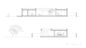 Cross-sectional architectural plan of a modern home showcasing spacious, light-filled interiors.