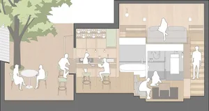An illustration of a modern residential living space with contemporary furniture, hardwood floors, and large windows.
