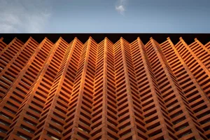 A close-up view of a modern urban design featuring a brick pattern.