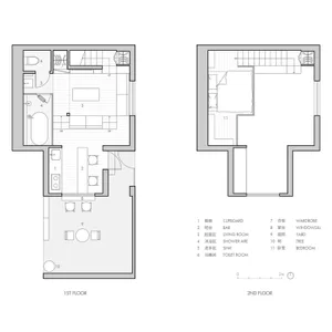 Minimalist house layout with living room, kitchen, and bedroom