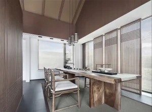 Minimalist interior design featuring a teak wood table, fabric cushioned chairs, and a glass divider with a 3D-rendered geome