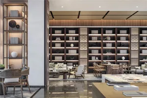 A modern library with wooden shelves, comfortable seating, and an elegant design.