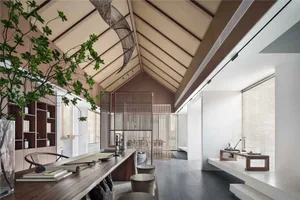 Minimalist living room featuring a combination of wood and concrete materials.