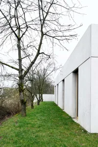 A modern house with white cement walls, surrounded by green grass and trees without leaves.