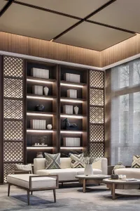 Modern, minimalist living room featuring a library with white shelves, a white sofa, and patterned pillows.
