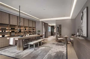 A modern minimalist living room with wood accents and soft textiles, featuring a long wooden table with white linens and a va