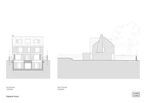 Technical drawings showing the elevation views of Highgate House, including the east and south views.