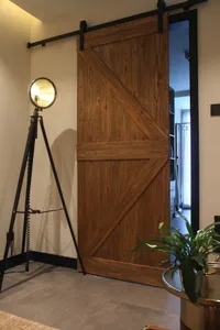 A wooden barn door with industrial-style lighting and a green plant