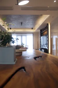 Modern industrial living room with wooden elements and a concrete wall.