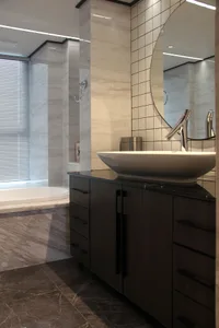 Modern bathroom with marble walls, floor, and sink, featuring a large mirror and clean lines.