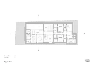 A detailed architectural floor plan of a modern house's basement, showcasing various functional rooms such as a cinema, famil