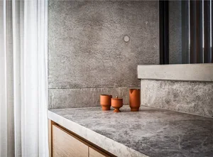 Concrete kitchen countertop with minimalist design and terracotta vessels