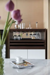 A modern kitchen storage system featuring a combination of wooden and composite materials.