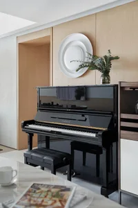 Modern living room with a black upright piano, white plates on the wall, and greenery in a vase on top of the piano.
