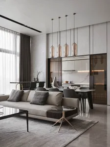 Modern minimalist living room with concrete and glass materials and furniture.