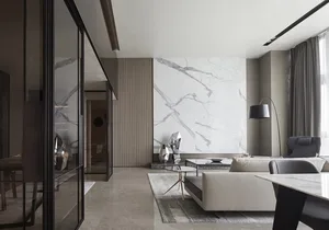 Modern minimalist living room featuring marble, wood, and glass elements