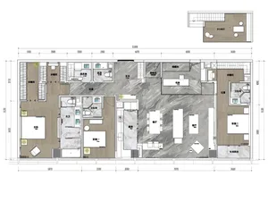 Modern residential floor plan showcasing marble tiles and laminate furniture