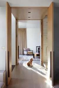 A minimalist residential interior featuring light wooden flooring and furniture, with a dog sitting in sunlight.