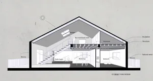 Cross-section diagram of a modern residential interior with wooden elements, glass windows, and a concrete structure.
