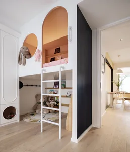 A modern children's room with a lofted bed, playful design, and wooden elements.
