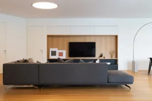 Modern living room with a dark gray sofa, wooden furniture, and a television mounted on a wooden panel with framed artwork.