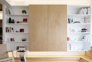 Modern living room featuring a built-in wall with a wooden desk and shelves.