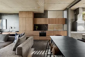 A modern kitchen dining and living space with concrete and wood finishes