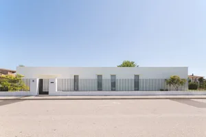 Modern house with concrete exterior, surrounded by a garden.